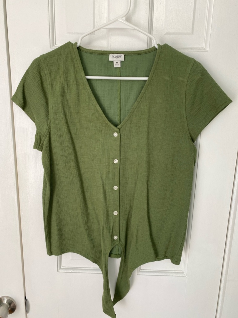 J. Crew Olive Green Button-Front Tie-Hem Top